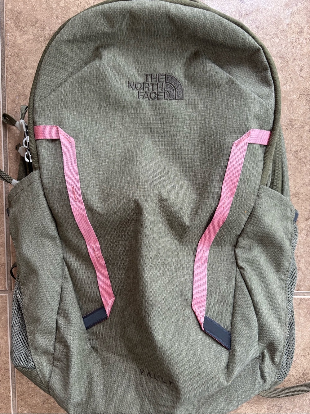 The North Face Vault Olive Green Backpack with Pink Accents